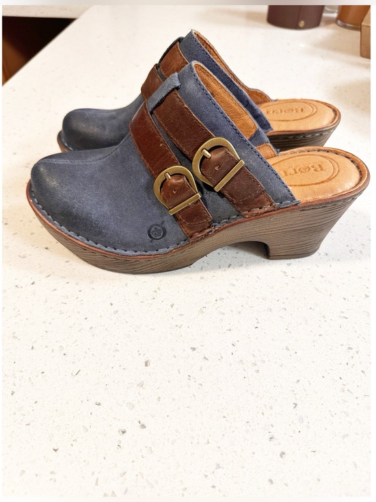 Born Shoes - Born Blue Suede Leather Clogs Mules Double Buckle Slip On Heels Shoes Women’s 8